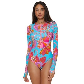 Trina Turk Women's Standard Paddle One Piece Swimsuit, Rash Guard, UV Protection, Zip Front, Long Sleeve, Bathing Suits, Meilani (Multicolor), Medium