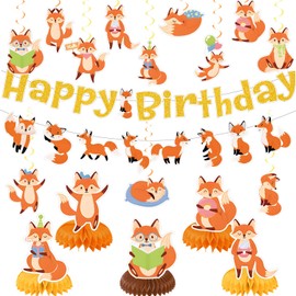 Fox Party Decorations Woodland Animal Birthday Party Decor Supplies Includes Happy Birthday Banner Hanging Swirls Cute Fox Honeycomb Centerpiece Supplies