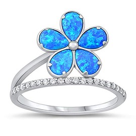 CloseoutWarehouse Blue Simulated Opal Clear Cubic Zirconia Plumeria Flower Ring Sterling Silver Size 7