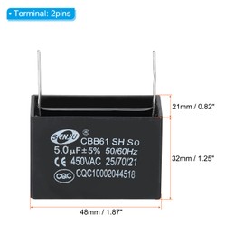 PATIKIL CBB61 Ceiling Fan Capacitor, 2Pcs 5uF 450V AC 50/60HZ with 2Pins 48x21x32mm for Air Conditioner Fan Motor Star Run Capacitors