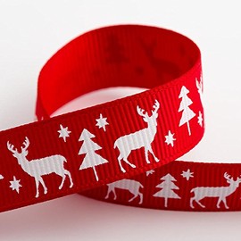 Christmas Grosgrain Ribbon - Red - Stag Tree - 16mm x 5m