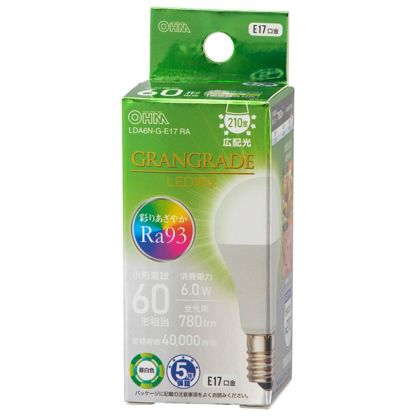 Ohm Electric LDA6N-G-E17 RA 06-5564 OHM Small LED Bulb, E17, 60 Type Equivalent, 60 W Equivalent, Daylight White, Ra93 High Color Rendering, Compatible with Sealed Fixtures, Compatible with Insulation Fixtures, Mini Krypton Shape