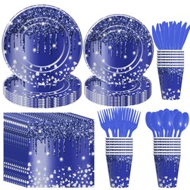 YJRJSC Navy Blue Plates And Napkins Party Supplies, Blue And Silver Party Decorations Tableware, Paper Plate, Napkin, Cup, Cutlery, Blue Glitter Bridal Shower Birthday Table Decorations, Serves 24