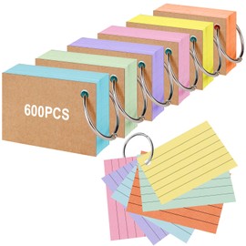 Vicloon Index Cards, 300 Pcs 12.7 x 7.6cm Flash Cards, Colourful Revision Cards with 6 Binder Rings Ruled Index Cards Lined Note Cards Record Cards for Office School Home Study Record