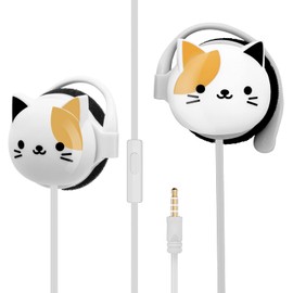 AnRuk Kids Earbuds for Back to School with Ear Hooks, Cute Cat Earbud for Kid Wired Over Earbud & Ear Headphones with Microphone and Kawaii Ear Loops, Birthday Gifts for Girls and Boys (Yellow)