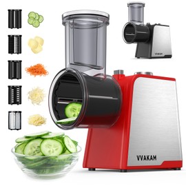 VVAKAM Electric Cheese Grater, 300W DC Motor Rotary Cheese Grater with 5 Different Shapes of Blades, Vegetable Cutter for Potato, Nuts, Kitchen Chopper with Non-slip Suction Base, Red