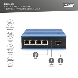 DIGITUS Network Switch - 5-Port Gigabit Ethernet - 4X RJ45 + 1x SFP Port - Unmanaged - 10/100/1000 Mbit/s - DIN Rails & Wall Mounting - IP40 - Industrial Series - Blue