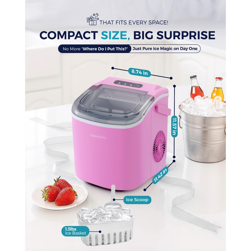EUHOMY Countertop Ice Maker Machine with Handle, 26lbs in 24Hrs,