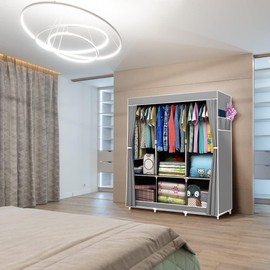 PeakMagnificent Portable Storage Closet, Fabric Wardrobe Clothes Organizer with Shelves, Hanging Sections, Side Pockets, Grey