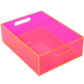 Mutellstory Acrylic Storage Bin Pantry Storage Container with Handles Kitchen Organizer Bin for Cabinet Cupboard Organization, Heavy Duty, 12.6 x 9.4 x 4'', Neon Pink