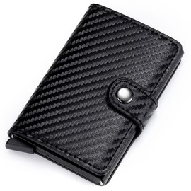 Credit Card Holder RFID Blocking Leather Automatic Pop Up Wallet Aluminum Slim Pocket Bifold Business Card Case with Button, Carbon Fiber
