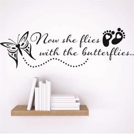 Vinyl Wall Decal Sticker : Now she Flies with The Butterflies… Footprint Butterfly Design Memorial Remembrance Memory Quote Size: 5 Inches x 24 Inches - 22 Colors Available