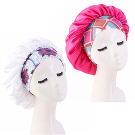 2pcs Satin Bonnet Sleeping Hair Bonnet for Women, Hair Bonnet with Elastic Wide Band, Silk Bonnet for Sleeping, Soft Band Bonnet for Curly Hair Multi Colors (Pink &White)