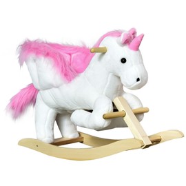 Qaba Unicorn Baby Rocking Horse Toy for Kids with Lullaby Song, Plush Ride on Horse with Heavy-Duty Support System, Interactive Toy Pretend Play Toy for Toddlers