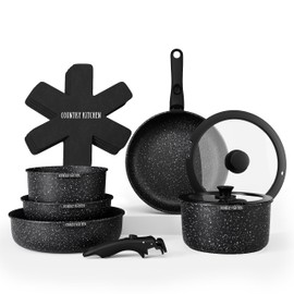 Country Kitchen Cookware Set with Removable Handle, Oven & RV Safe Pots and Pans Set, Black, Original