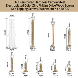 420 Pcs Brass Self Tapping Screws, Wood Self Drilling Flat Cross Head Screws Assortment Kit, Carbon Steel Galvanized Countersunk Head Screws with M6 Screw Anchors for Wood Furniture DIY