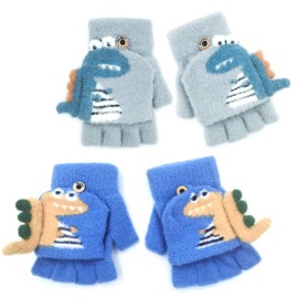 YeahBoom 2 Pairs of 3D Children's Winter Gloves, Mittens with Button Flap, Elastic Winter Warm Knitted Gloves, Finger Gloves, Winter Gloves, 3-8 Years Old Boys Girls, Blue and grey