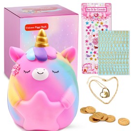 Unicorn Coin Bank Jar for Girls,Ompinda Unbreakable Resin Cute Rainbow Unicorn Saving Piggy Bank Momeny Jar with DIY Stickers and Unicorn Necklace Unique Girl Gifts for Birthday,Home Decoration (B)