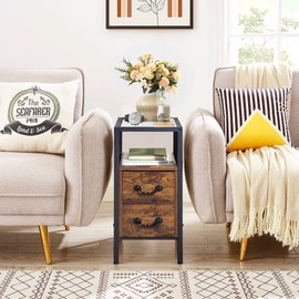 VECELO End Tables, 24" Height Narrow Nightstands, Modern Tall Night Stand with Drawers and Shelf for Living Room, Bedroom,Tempered Glass