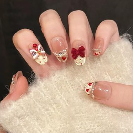 Onsdag Press on Nails Oval Shaped Glossy Full Cover Acrylic French Short False Nails with Designs Artificial Oval Fake Nails with Charms Glue Stick ons Fingernails for Women Girls(MY188)