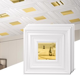 Chejiaye 12 Pack PVC Ceiling Tiles 19.7"x19.7" – Golden Mirror & White 3D Wall Panels for Wall and Ceiling Decoration,Cover 32.3 Sq.Ft – Waterproof,Lightweigh