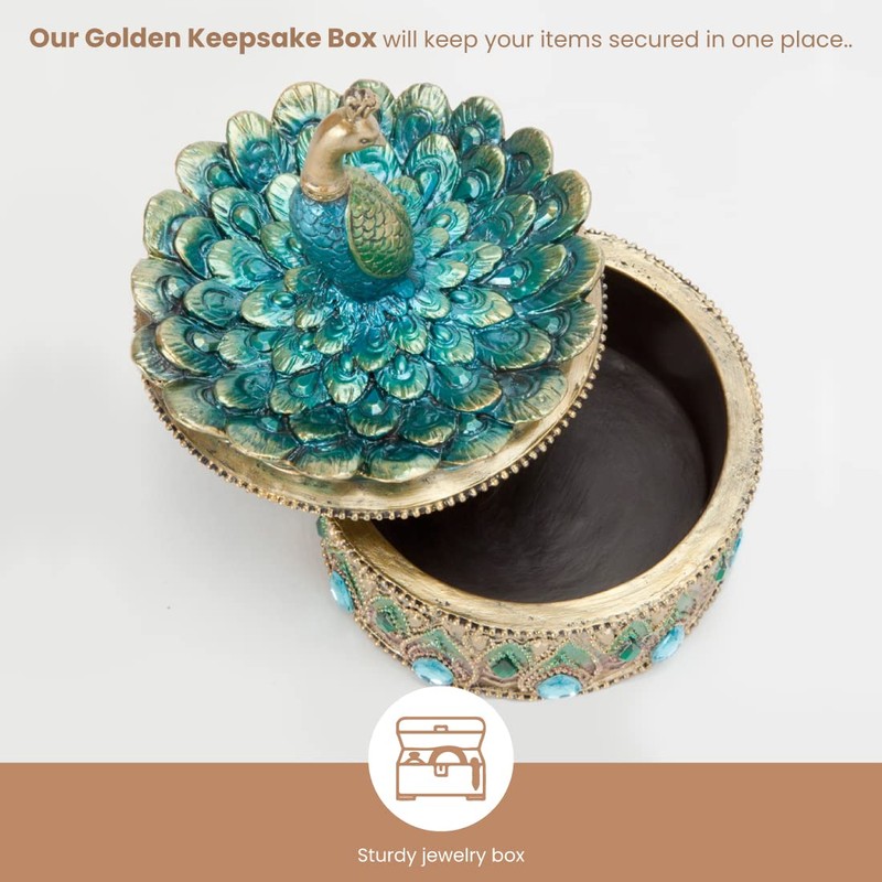 Bits and Pieces Peacock Jewelry Box for Women Small Keepsake