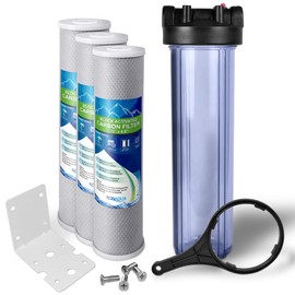 High Capacity 20 x 4.5” Transparent Whole House Water Filter Purifier System with Presser Relief Button, 1” Inlet/Outlet Brass Port & Yearly Supply (3) Coconut Shell Activated Block Carbon Cartridges