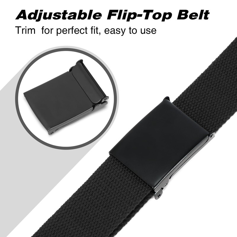 WHIPPY Canvas Web Belt Flip-Top Solid Black Military Buckle Fully