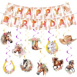 Horse Decoration Birthday Garland Set - Horse Birthday Decoration Happy Birthday Banner and Hanging Swirls, Horse Decoration Birthday Garland for Children's Birthday Party