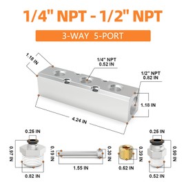 1PCS Aluminum Air Manifold 3 Way 5 Port Pneumatic Air Compressor Manifold Block Splitter 1/4"NPT Output Port 1/2"NPT Supply Port with Push to Connect Fitting