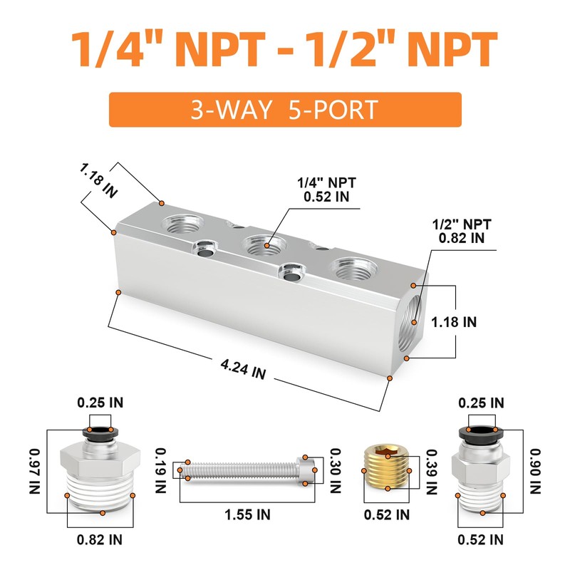 1PCS Aluminum Air Manifold 3 Way 5 Port Pneumatic Air