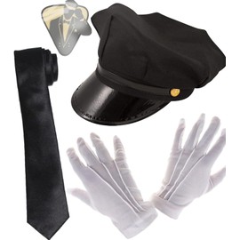 Dreamzfit - Unisex Adults Chauffeur Cap Limo Taxi Driver Hat, White Gloves and Black Tie Book Week Day Fancy Dress Accessories Kit