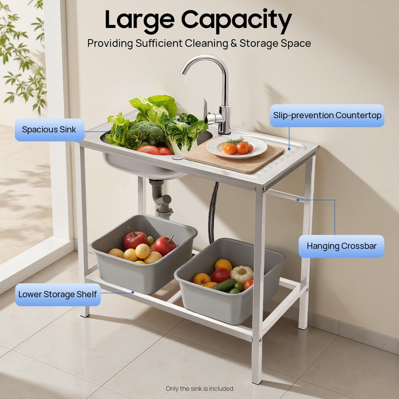 Stainless Steel Outdoor Sink with Hose Hook Up, Freestanding Single