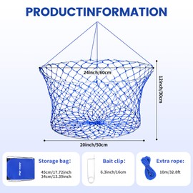 Crab Traps for Blue Crabs Set, Foldable Crab Net and Portable Fish Basket with Bait Clip and Rope, Portable Crabbing Equipment for Saltwater and Freshwater pier Deck Bridge 24 * 20 * 12inch