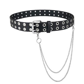 macoking Grommet Leather Belts for Women, Black Belt For Teens with Chains - Double Studded Holes-S