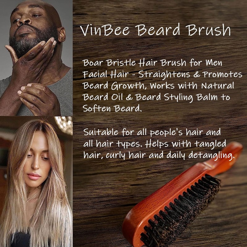 VinBee Men's Boar Bristle Brush Beard Brush Hair Brush Stiff