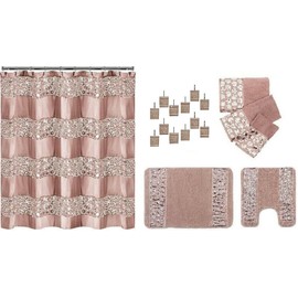Popular Bath Sinatra Bundle: 7 Items: Shower Curtain, Shower Hooks, Rug, Contour Rug, Bath Towel, Hand Towel, Finger Tip Towel, Blush Pink