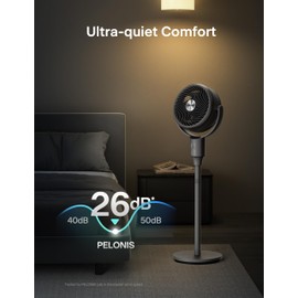 PELONIS Pedestal Fan, Air Circulator, Ultra OmniFlow (135°+90°Auto Oscillation), Quiet Floor Fan with 3 Speeds, Remote, 7H Timer, Memory Function, Adjustable Height, Standing Fan for Bedroom