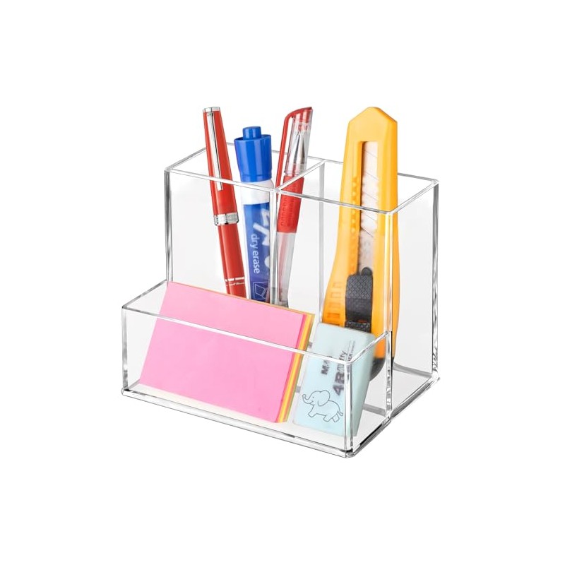Clear Acrylic Pen Holder with 3 Compartments for Desk Organization