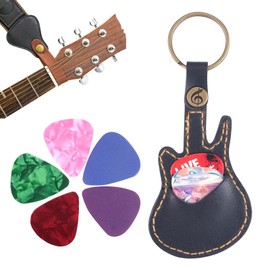 Leather Pick Holder Keychain - Guitar Shape Plectrums Pack Case With 5PCS Picks, Keyring for Guitar Lovers, Men, Women (Black)