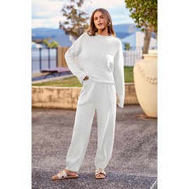 PRETTYGARDEN Women's Winter 2 Piece Sweater Set Casual Pullover Top High Waisted Sweatpants Tracksuit Lounge Outfits (Beige White,Large)