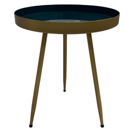 The Urban Port Enid 19 Inch Side End Table, Iron Brass Plating, Enamel Blue Top, Modern Sleek Angled Legs