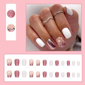 24 Pcs White Press on Nails Short Square Fake Nails Press ons Rose Glitter Pentagram Nail Tips Full Cover False Nails Stick on Nail Glue on Nails Acrylic Press on Nail Kit Art for Women Manicure