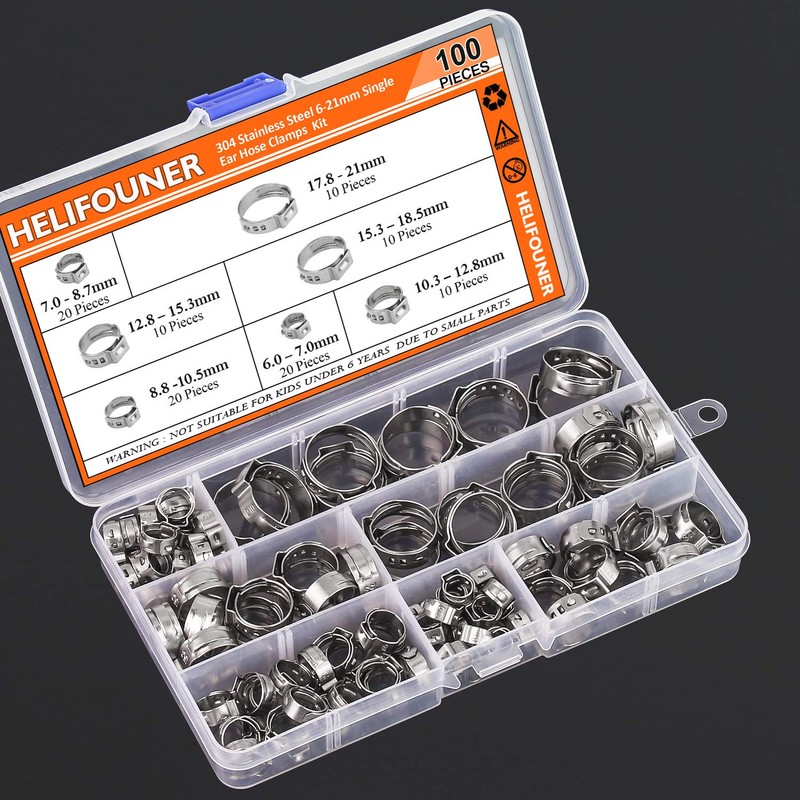 HELIFOUNER 100 Pieces 6-21mm 304 Stainless Steel Single Ear Hose