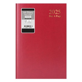 1ABOVE A4 Day to Page 2025 Diary | Hardback Casebound Cover & Ribbon Marker DAP Year Planner for Business, Office, Home, Appointments - Sat and Sun Full Page a Day (RED)