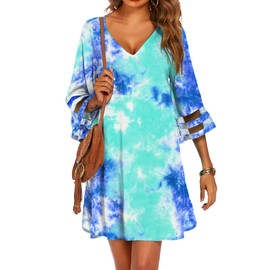 Ekouaer Women's Beach Coverups 3/4 Mesh Panel Sleeve Bathing Suit Cover Ups Print Swim Coverup Dress Loose Fit Swimwear Tie Dye XL