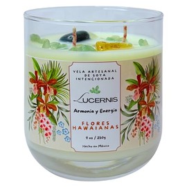 Lucernis Vela Aromática de Soya (Lucernis Vela Aromática de Soya con Cuarzos de Aventurina, Ágata Azul y Ágata Amarilla – Armonía y Energía – Aroma Flores Hawainas)