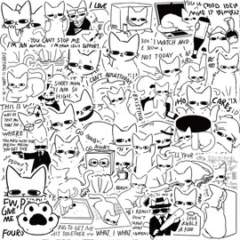 50-Pack Funny Black White Cat Meme Stickers, Cute Cartoon Kitten with Quotes - Waterproof Vinyl Decals for Laptops, Water Bottles, Journals, Scrapbooks, Kindle Case