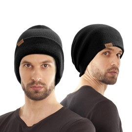 Beanie Gifts Winter Hat Thermal Slouchy Knit Wool Warm Toboggan Ski Skull Cap Stuff for Guy Adult Women and Men Black
