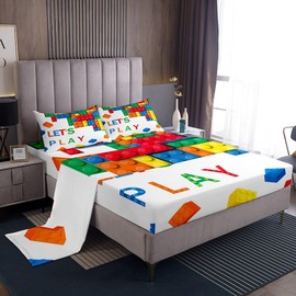 Feelyou Building Block Print Sheet Set King Size Kids Brick Styles Sheets with Deep Pocket Fitted Sheet for Boys Teens Colorful Bed Sheets Set Gaming Room Decor